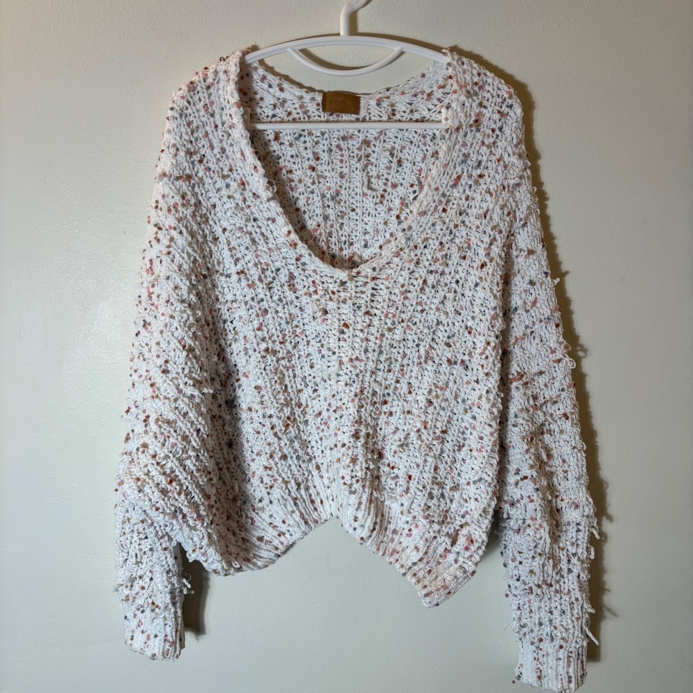 POL Confetti Knit V-Neck‎ Sweater White Pink Multicolored Textured Size Medium